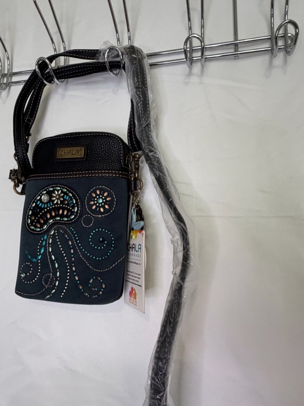 Chala Black Crossbody Phone Bag with Turquoise Embellishments​ - Picture 6 of 10